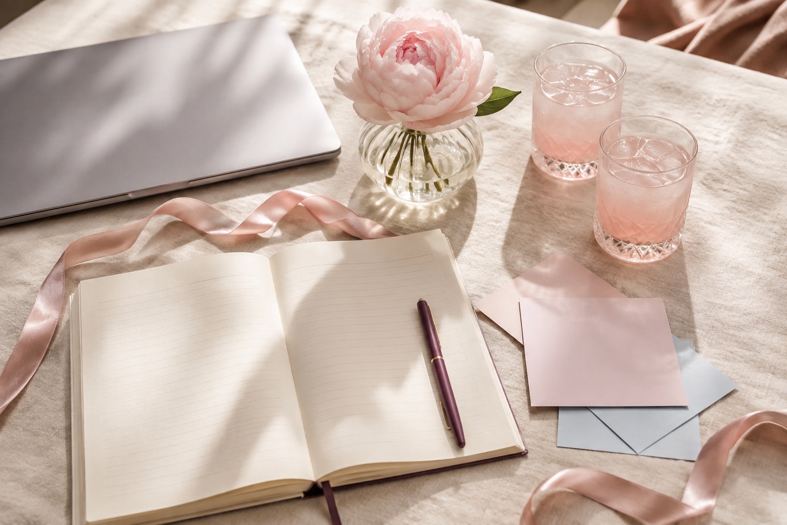 Bachelorette weekend planning still life with soft pink and cream details