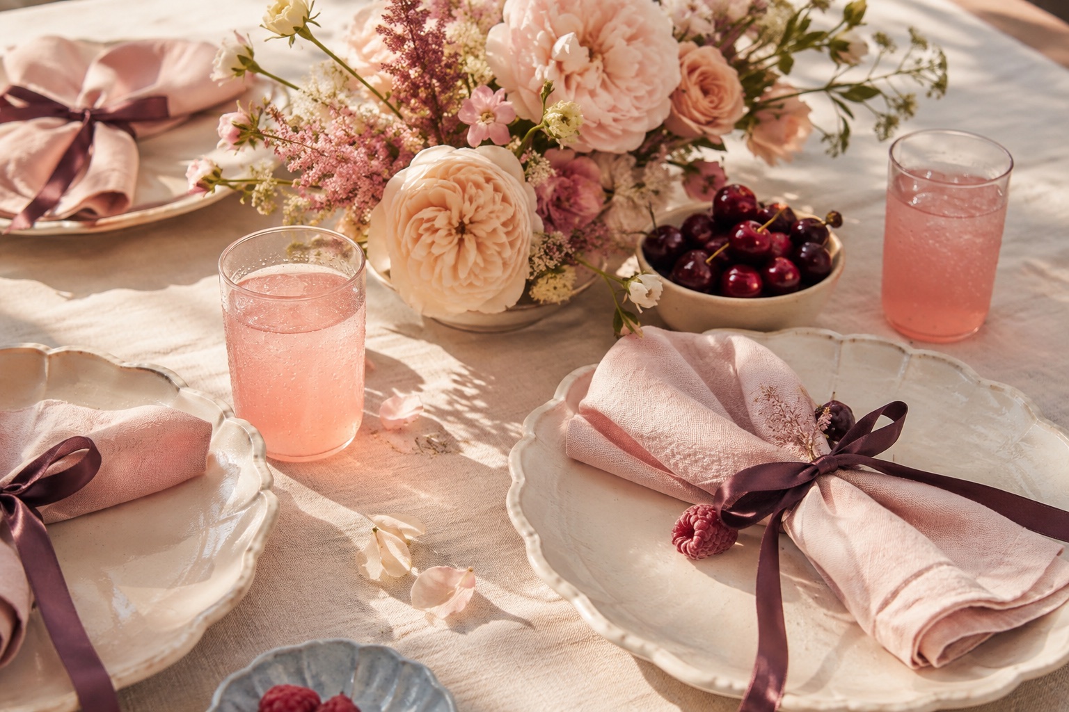 Celebration table detail in soft pink and cream, shown as weekend inspiration